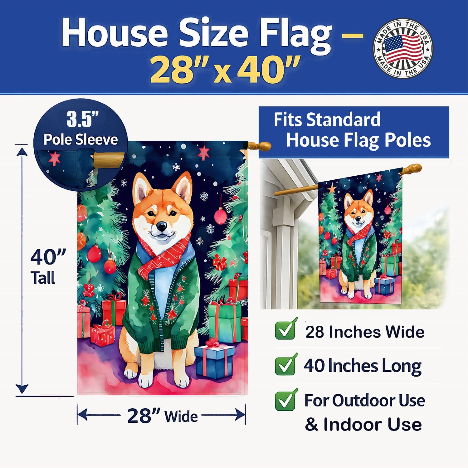 Shiba Inu Christmas House Flag 28x40 Porch Sleeve Pole Decorative Outside Yard Banner Artwork Wall Hanging, Polyester