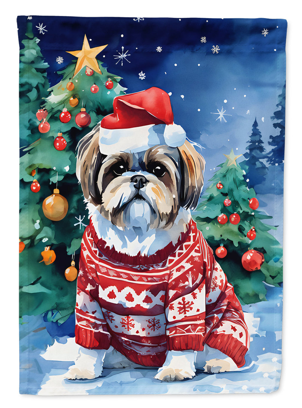 Shih Tzu Christmas House Flag 28x40 Porch Sleeve Pole Decorative Outside Yard Banner Artwork Wall Hanging, Polyester