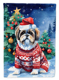 Shih Tzu Christmas House Flag 28x40 Porch Sleeve Pole Decorative Outside Yard Banner Artwork Wall Hanging, Polyester