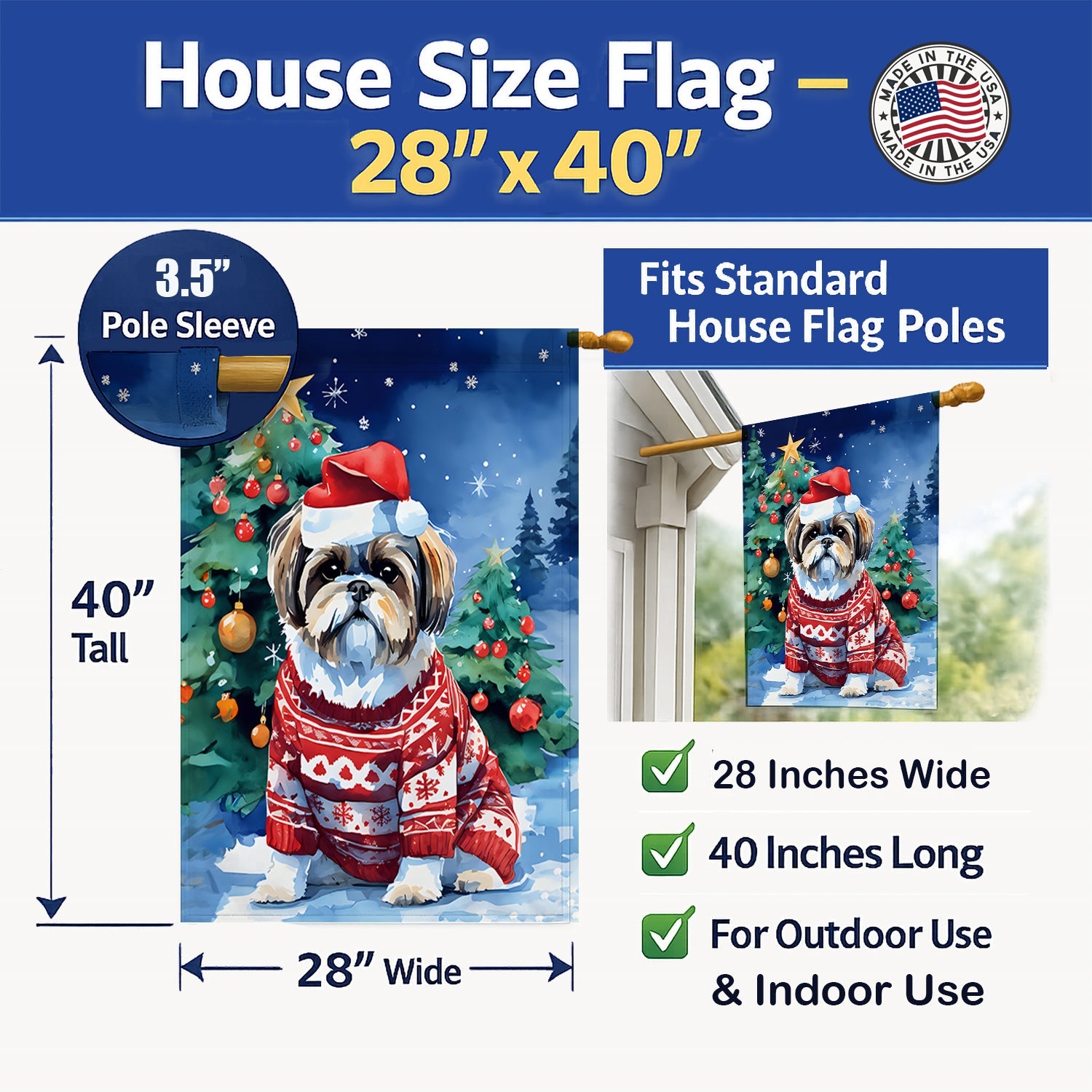 Shih Tzu Christmas House Flag 28x40 Porch Sleeve Pole Decorative Outside Yard Banner Artwork Wall Hanging, Polyester