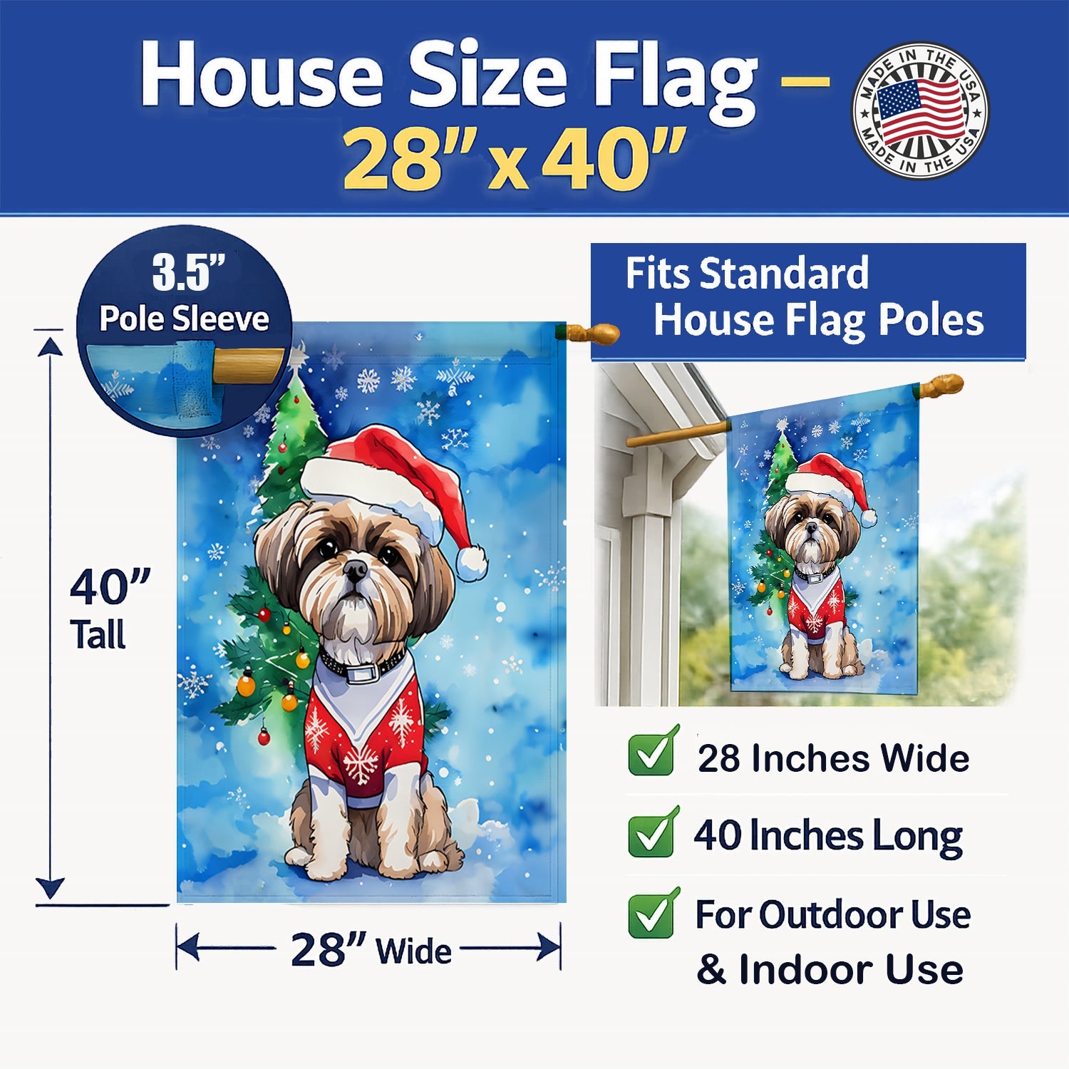 Shih Tzu Christmas House Flag 28x40 Porch Sleeve Pole Decorative Outside Yard Banner Artwork Wall Hanging, Polyester