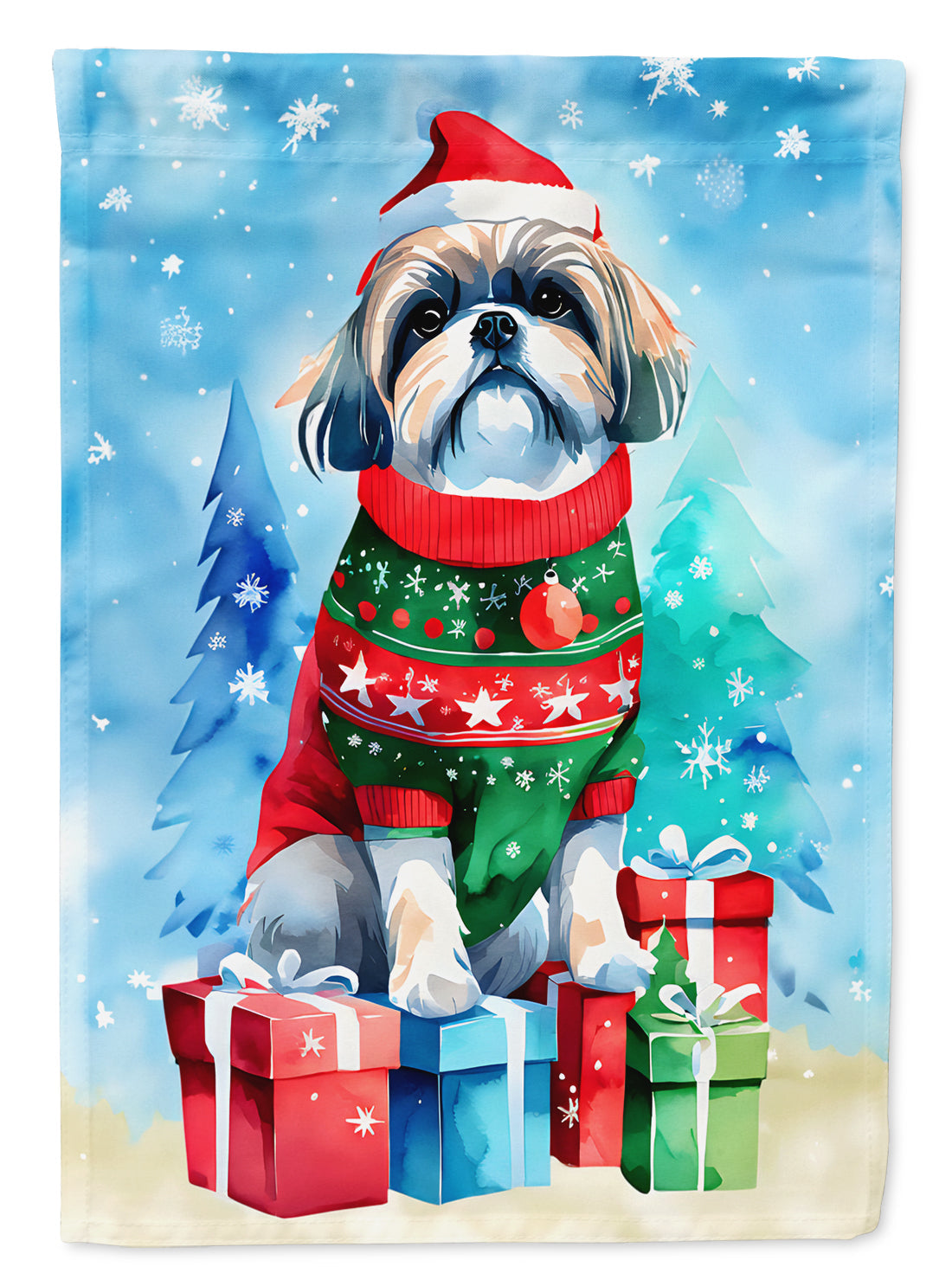 Shih Tzu Christmas House Flag 28x40 Porch Sleeve Pole Decorative Outside Yard Banner Artwork Wall Hanging, Polyester
