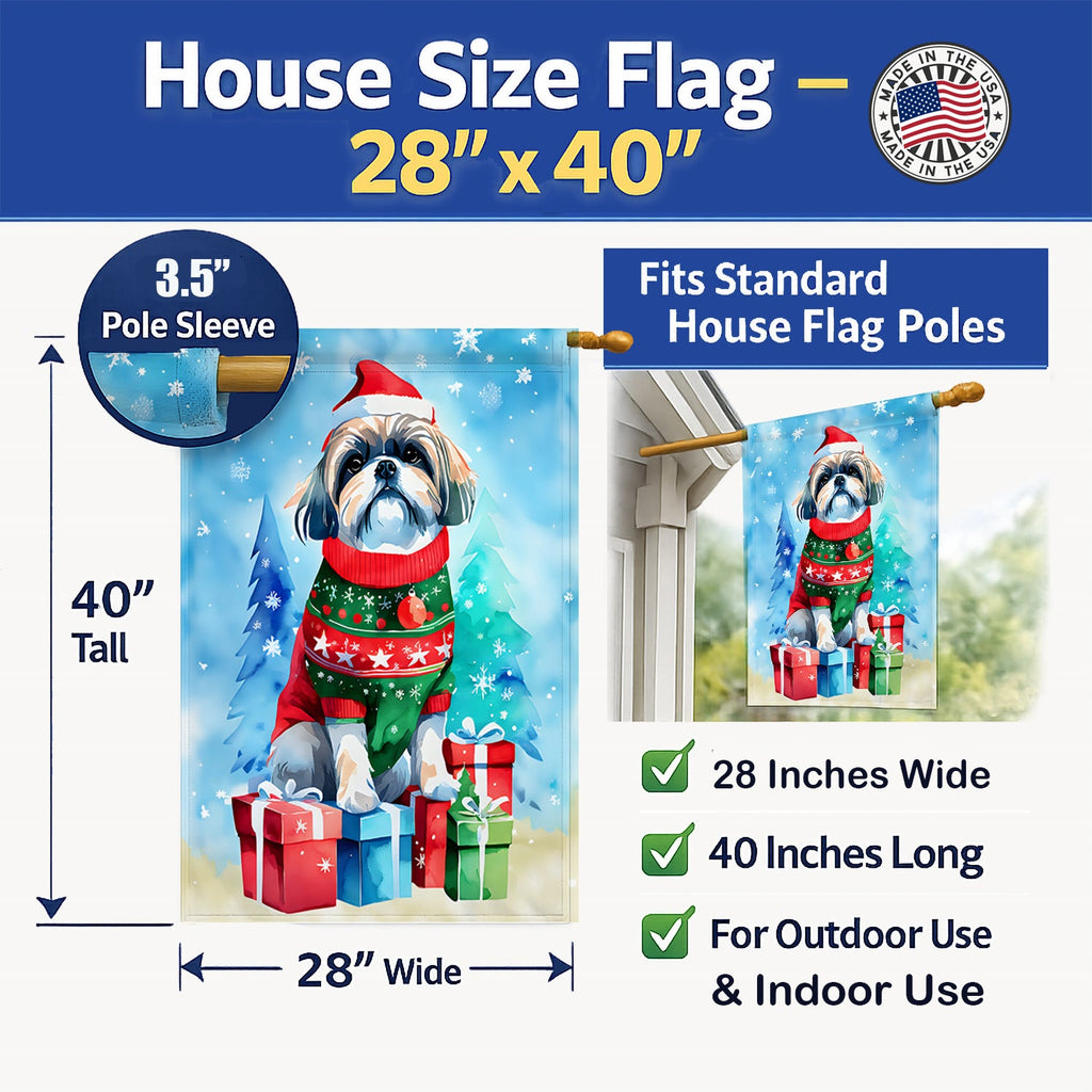 Shih Tzu Christmas House Flag 28x40 Porch Sleeve Pole Decorative Outside Yard Banner Artwork Wall Hanging, Polyester