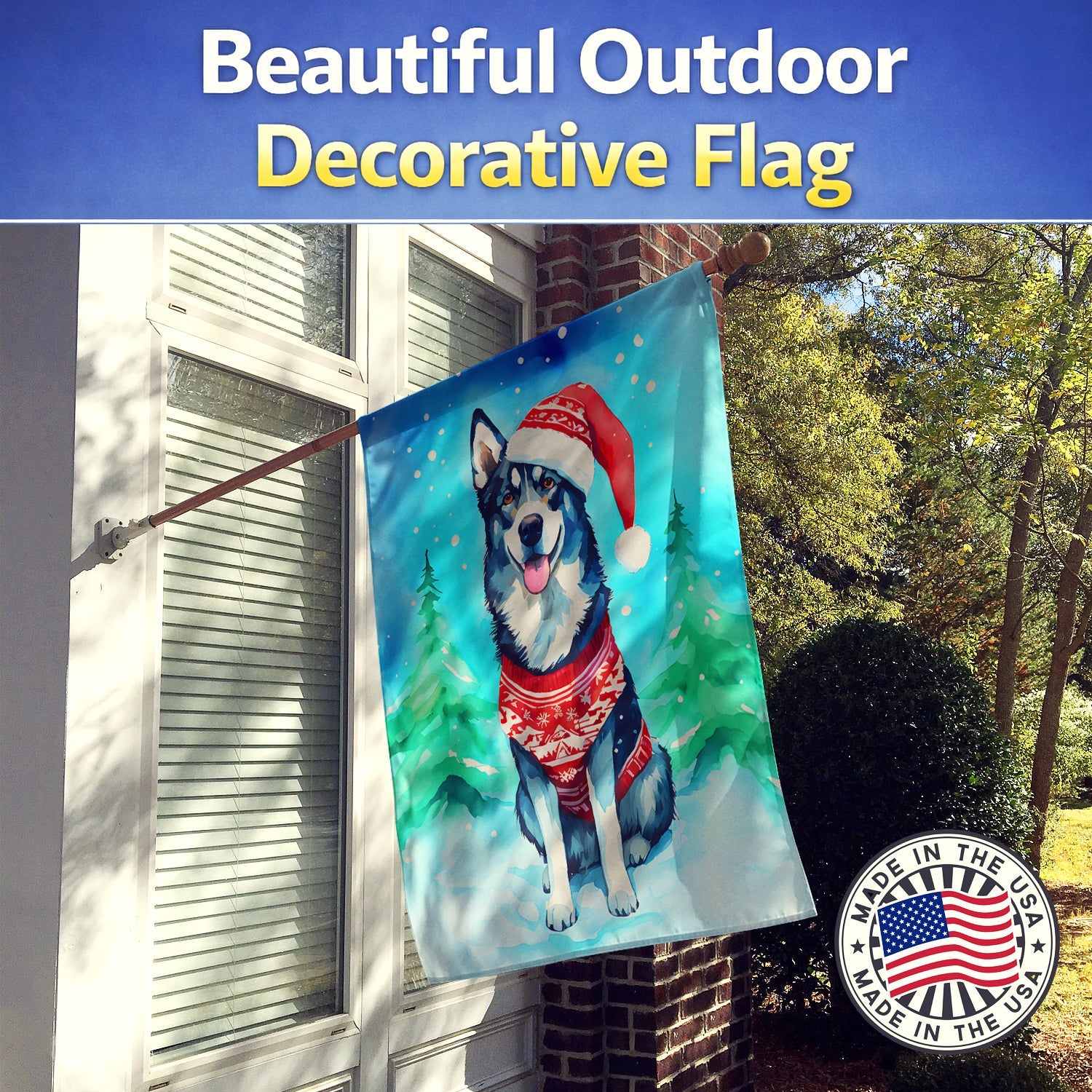 Siberian Husky Christmas House Flag 28x40 Porch Sleeve Pole Decorative Outside Yard Banner Artwork Wall Hanging, Polyester
