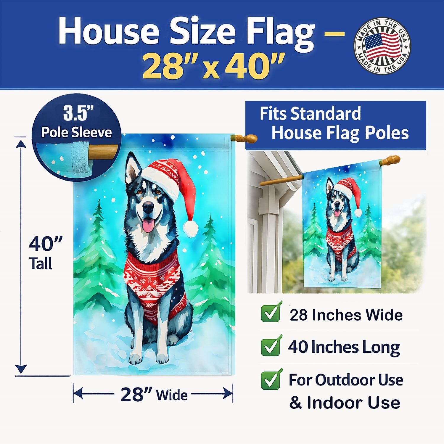 Siberian Husky Christmas House Flag 28x40 Porch Sleeve Pole Decorative Outside Yard Banner Artwork Wall Hanging, Polyester