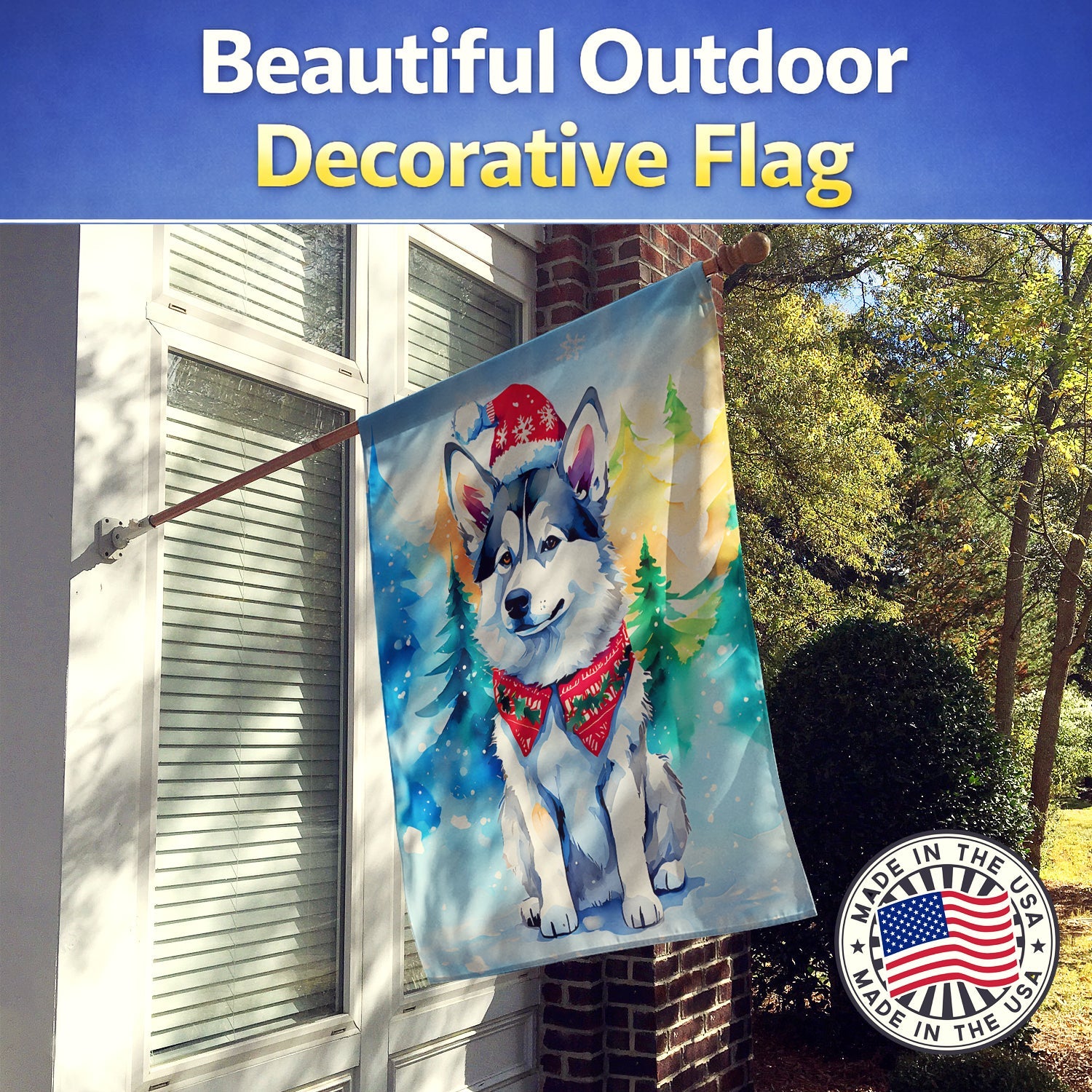 Siberian Husky Christmas House Flag 28x40 Porch Sleeve Pole Decorative Outside Yard Banner Artwork Wall Hanging, Polyester