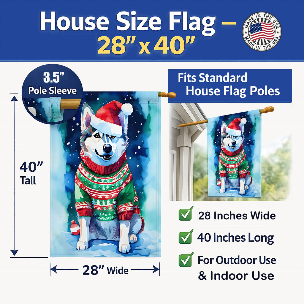 Siberian Husky Christmas House Flag 28x40 Porch Sleeve Pole Decorative Outside Yard Banner Artwork Wall Hanging, Polyester