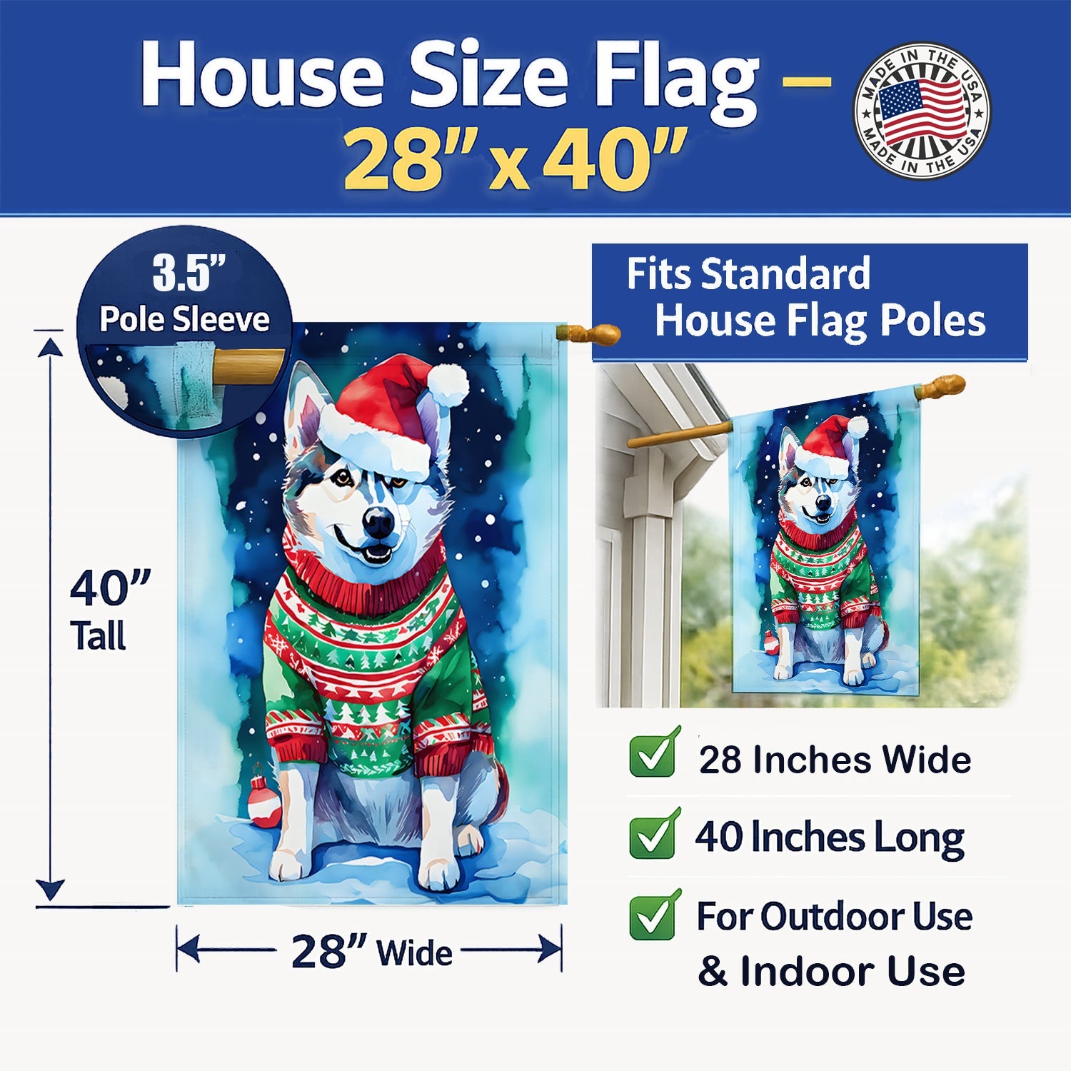Siberian Husky Christmas House Flag 28x40 Porch Sleeve Pole Decorative Outside Yard Banner Artwork Wall Hanging, Polyester