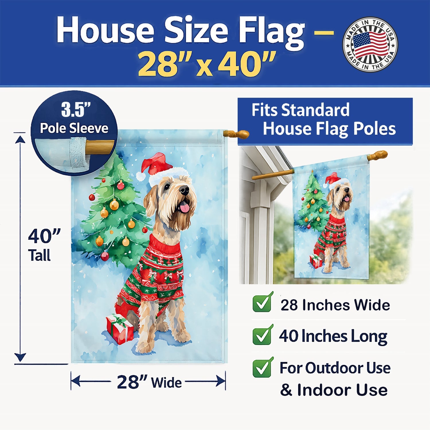 Wheaten Terrier Christmas House Flag 28x40 Porch Sleeve Pole Decorative Outside Yard Banner Artwork Wall Hanging, Polyester
