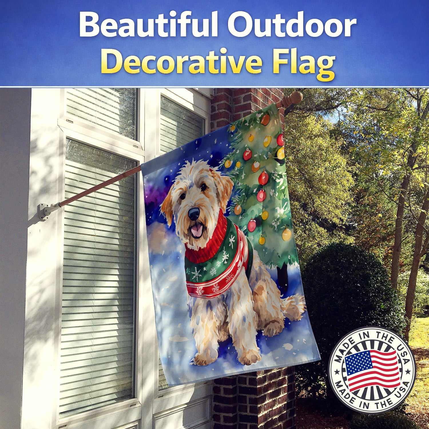 Wheaten Terrier Christmas House Flag 28x40 Porch Sleeve Pole Decorative Outside Yard Banner Artwork Wall Hanging, Polyester