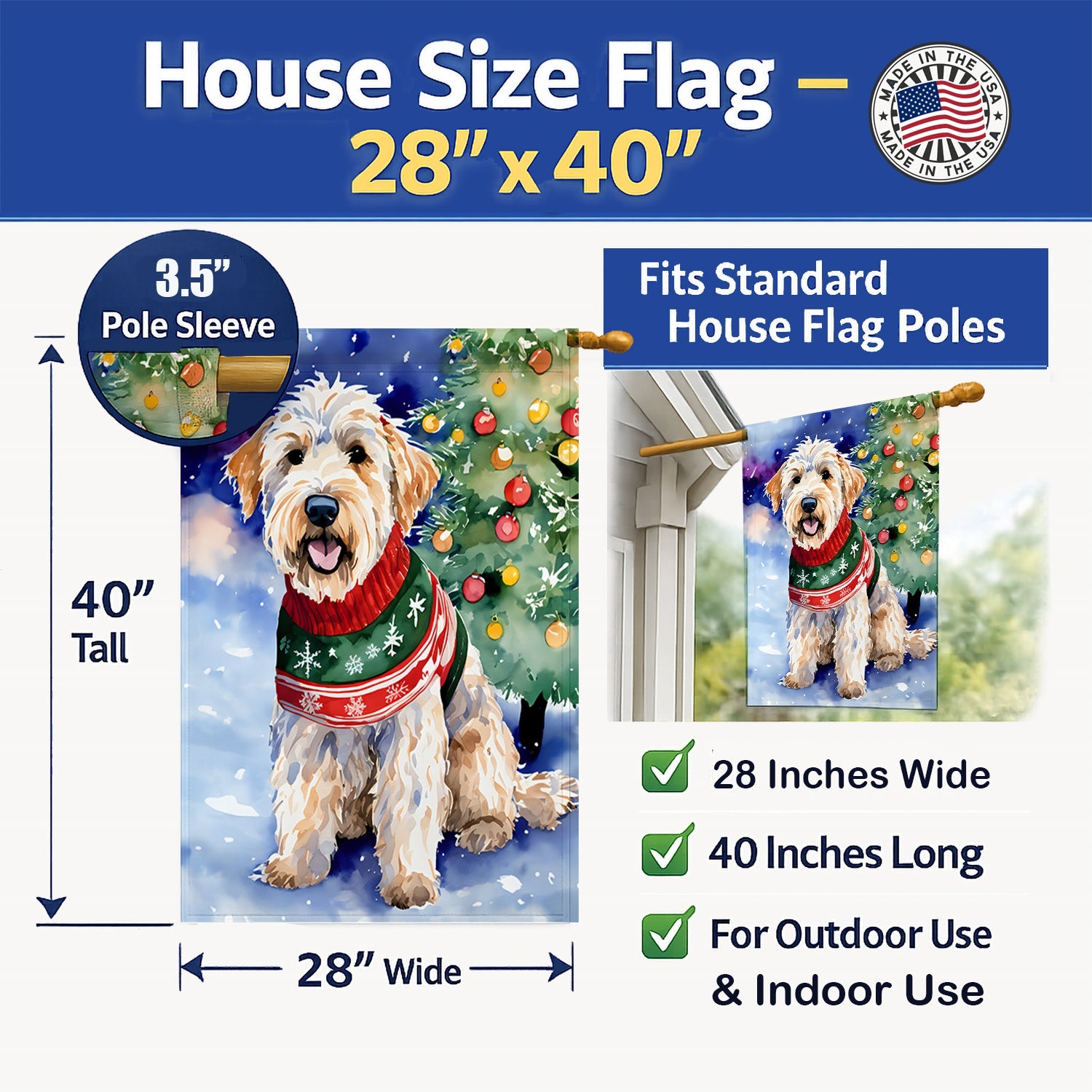 Wheaten Terrier Christmas House Flag 28x40 Porch Sleeve Pole Decorative Outside Yard Banner Artwork Wall Hanging, Polyester