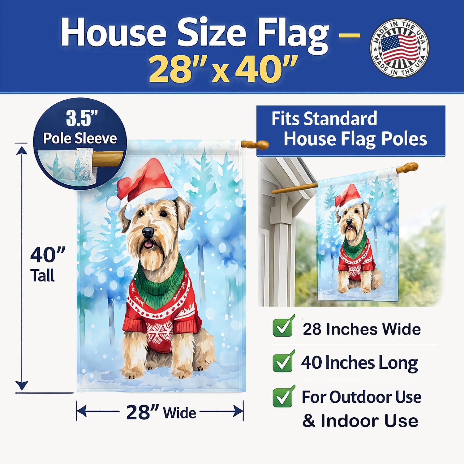 Wheaten Terrier Christmas House Flag 28x40 Porch Sleeve Pole Decorative Outside Yard Banner Artwork Wall Hanging, Polyester