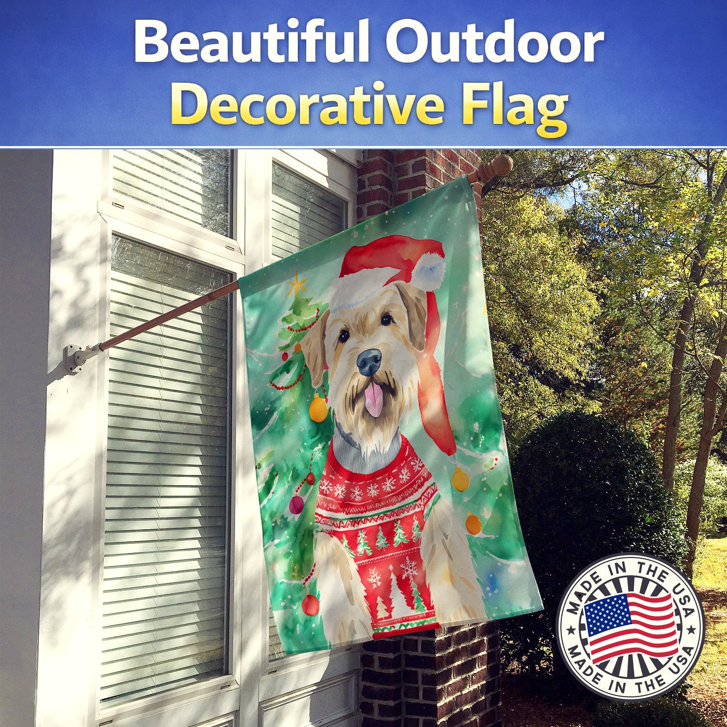 Wheaten Terrier Christmas House Flag 28x40 Porch Sleeve Pole Decorative Outside Yard Banner Artwork Wall Hanging, Polyester