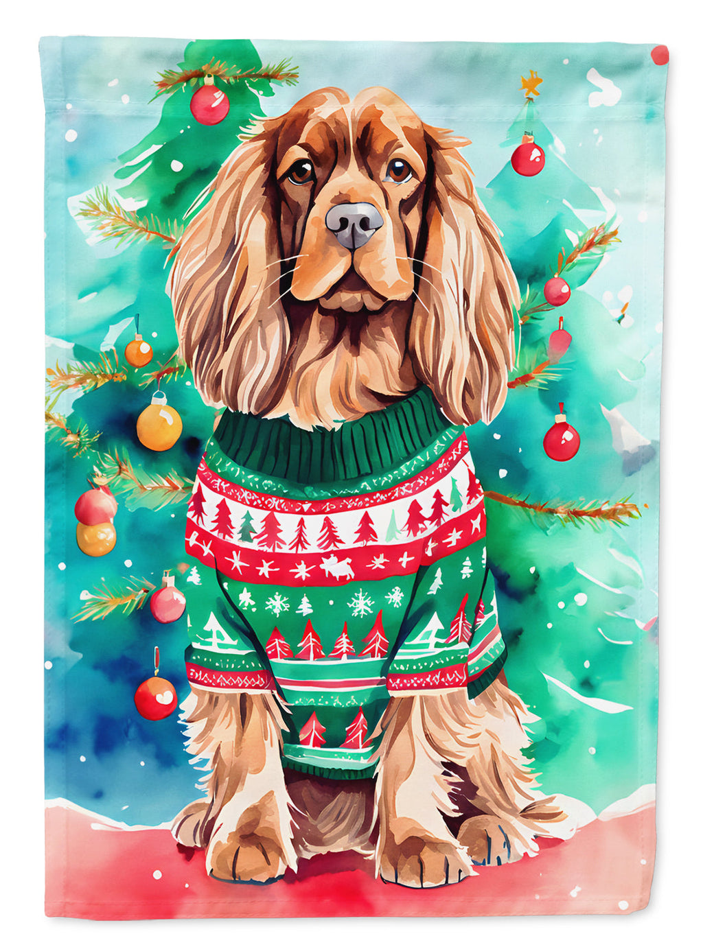 Sussex Spaniel Christmas House Flag 28x40 Porch Sleeve Pole Decorative Outside Yard Banner Artwork Wall Hanging, Polyester