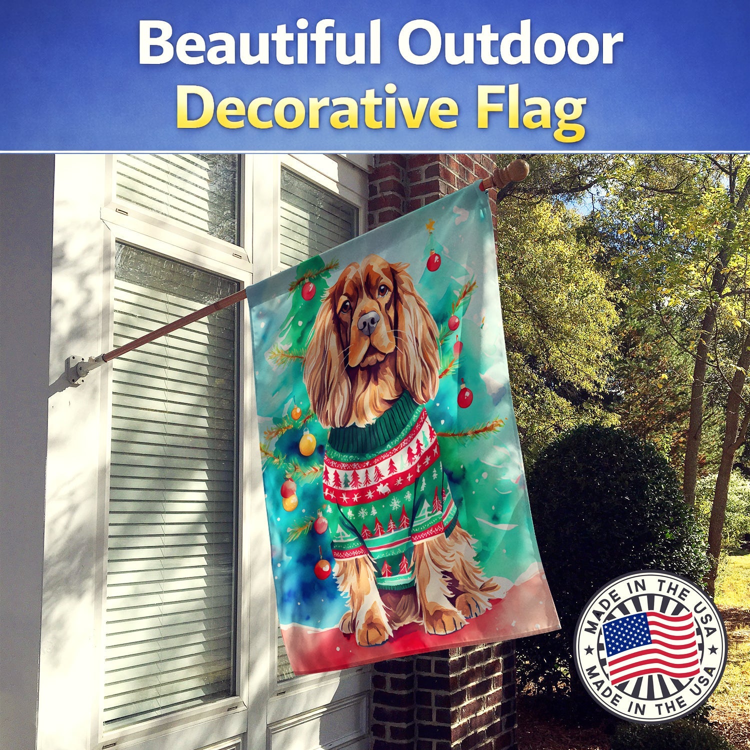 Sussex Spaniel Christmas House Flag 28x40 Porch Sleeve Pole Decorative Outside Yard Banner Artwork Wall Hanging, Polyester