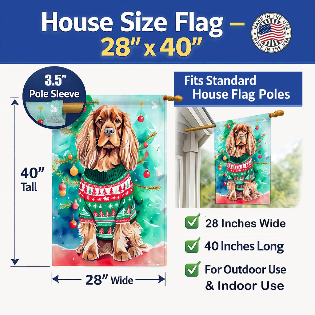 Sussex Spaniel Christmas House Flag 28x40 Porch Sleeve Pole Decorative Outside Yard Banner Artwork Wall Hanging, Polyester