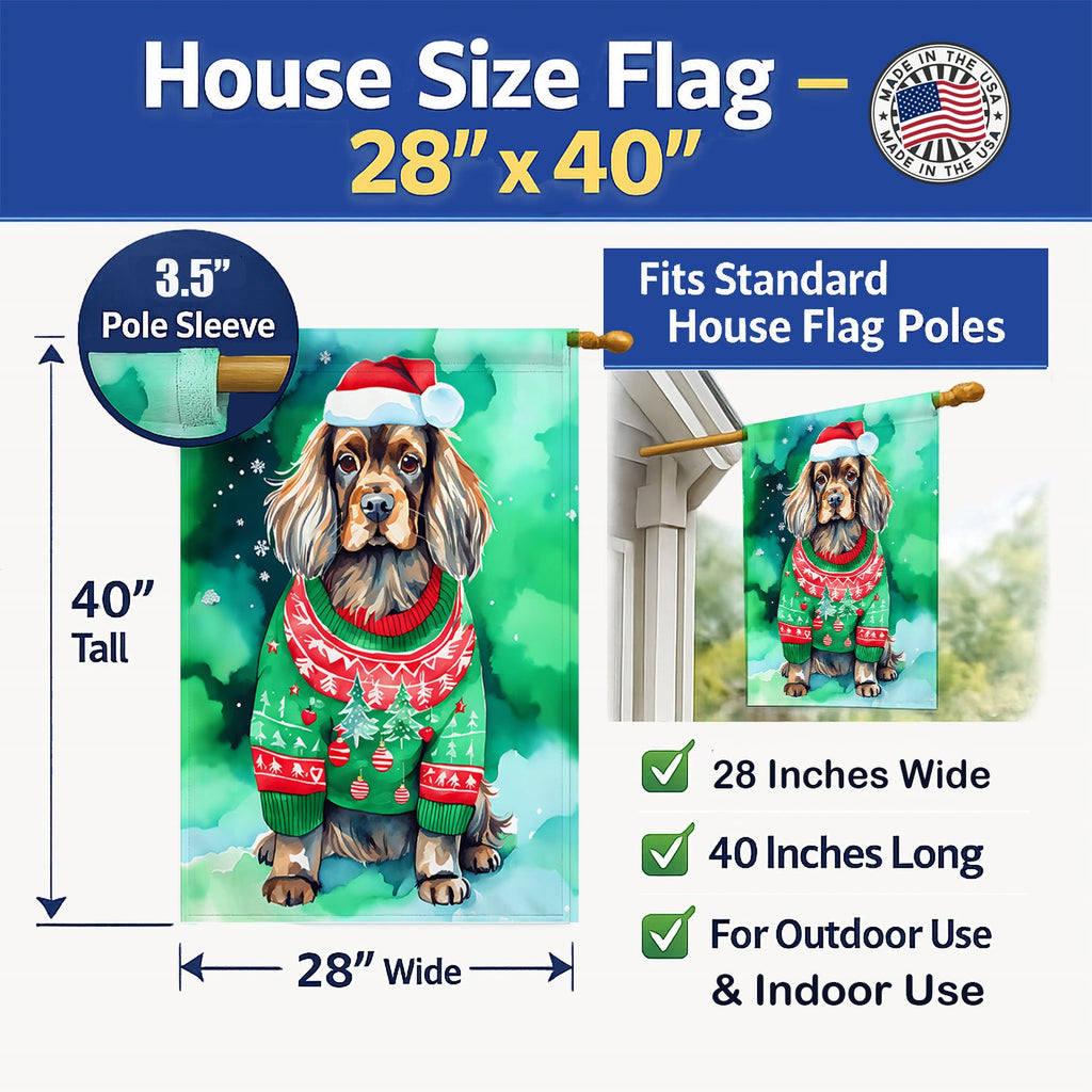 Sussex Spaniel Christmas House Flag 28x40 Porch Sleeve Pole Decorative Outside Yard Banner Artwork Wall Hanging, Polyester