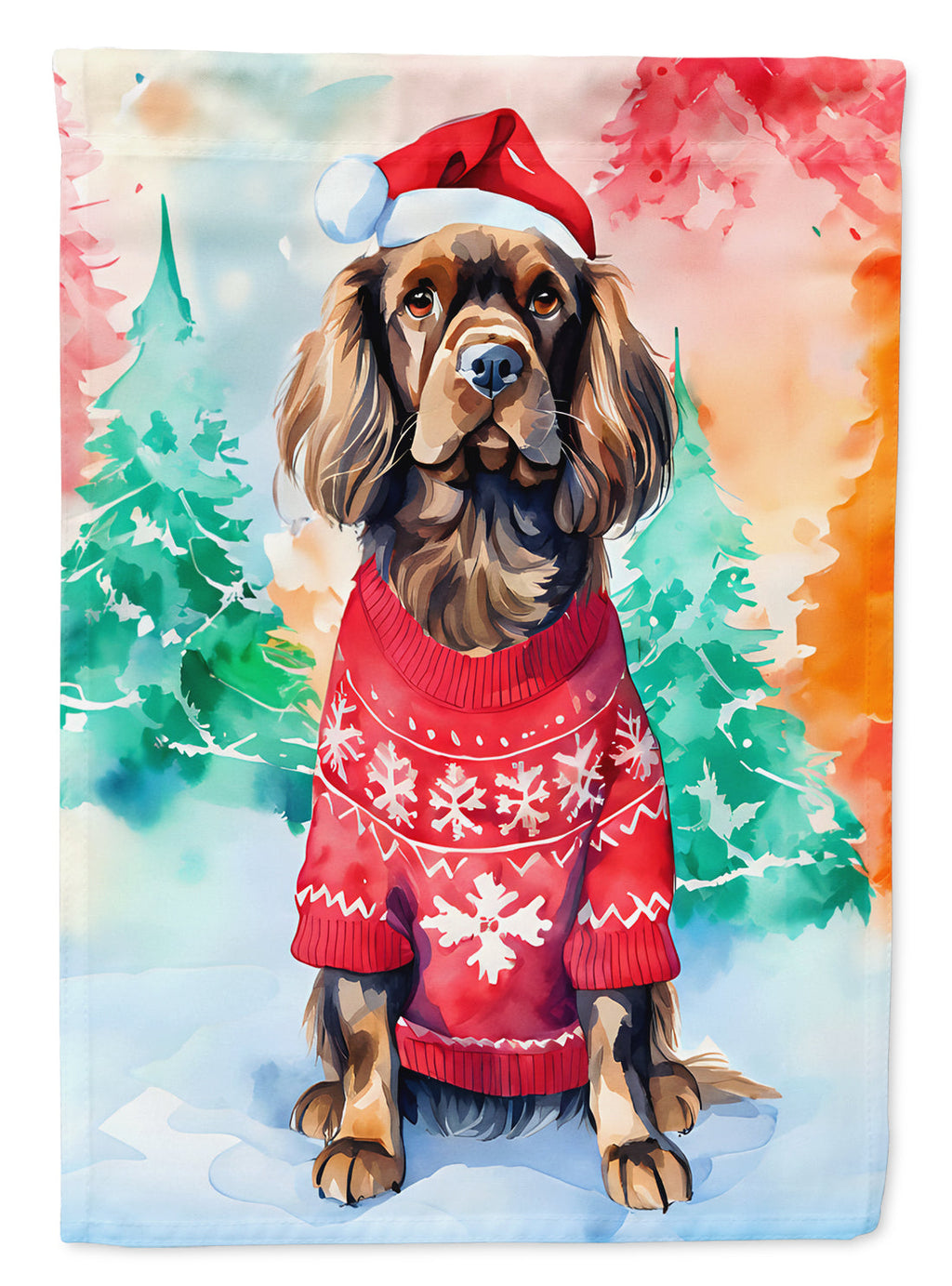 Sussex Spaniel Christmas House Flag 28x40 Porch Sleeve Pole Decorative Outside Yard Banner Artwork Wall Hanging, Polyester