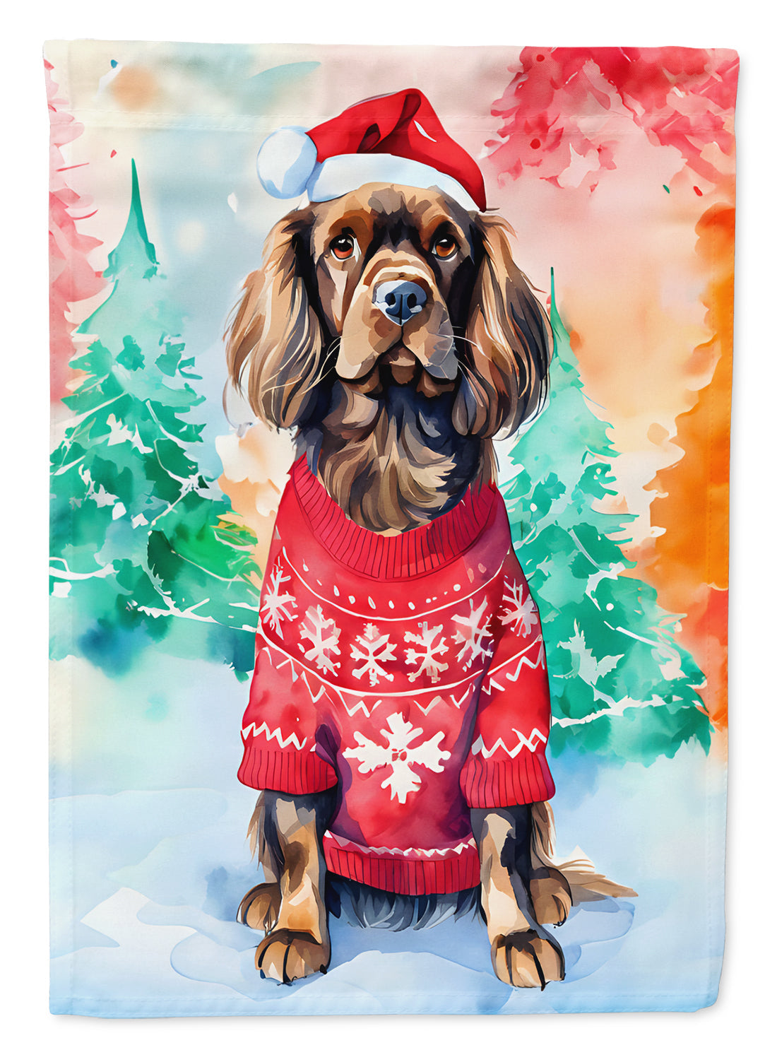 Sussex Spaniel Christmas House Flag 28x40 Porch Sleeve Pole Decorative Outside Yard Banner Artwork Wall Hanging, Polyester
