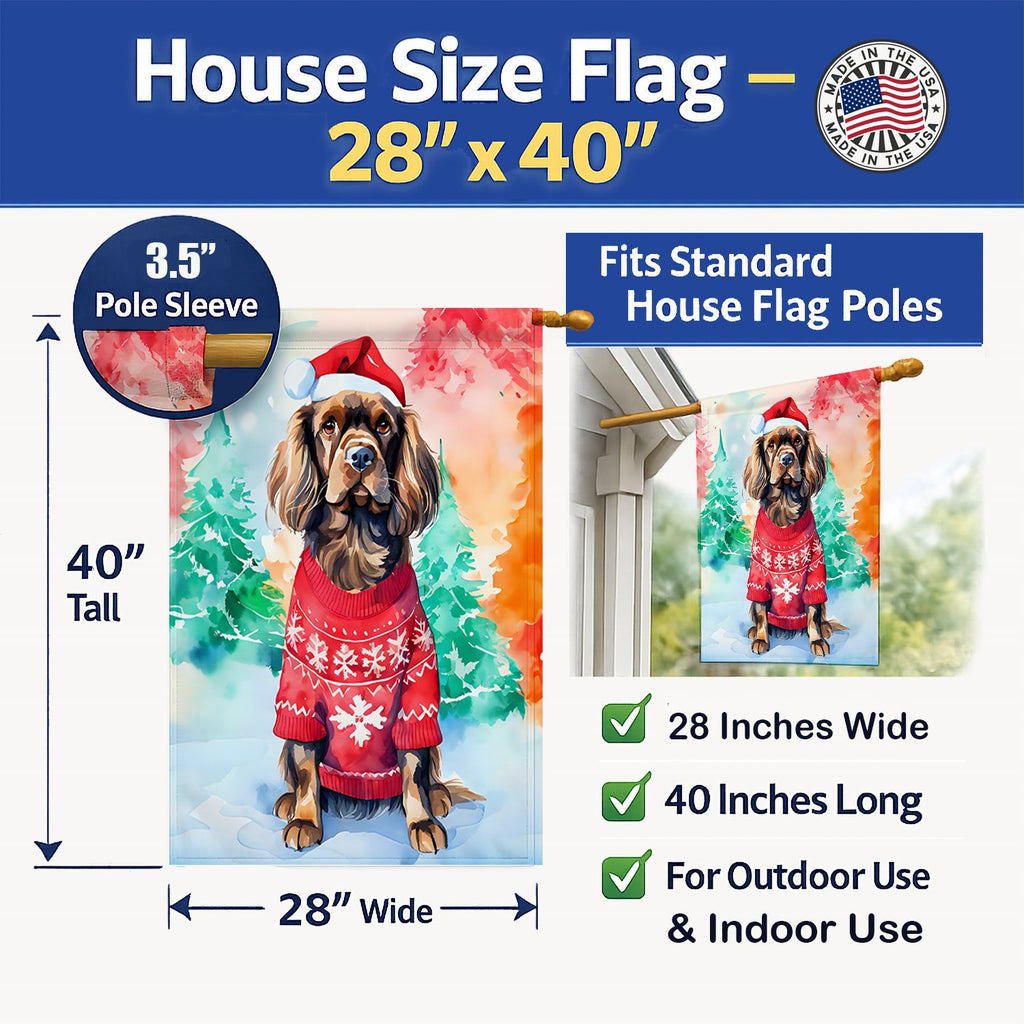 Sussex Spaniel Christmas House Flag 28x40 Porch Sleeve Pole Decorative Outside Yard Banner Artwork Wall Hanging, Polyester