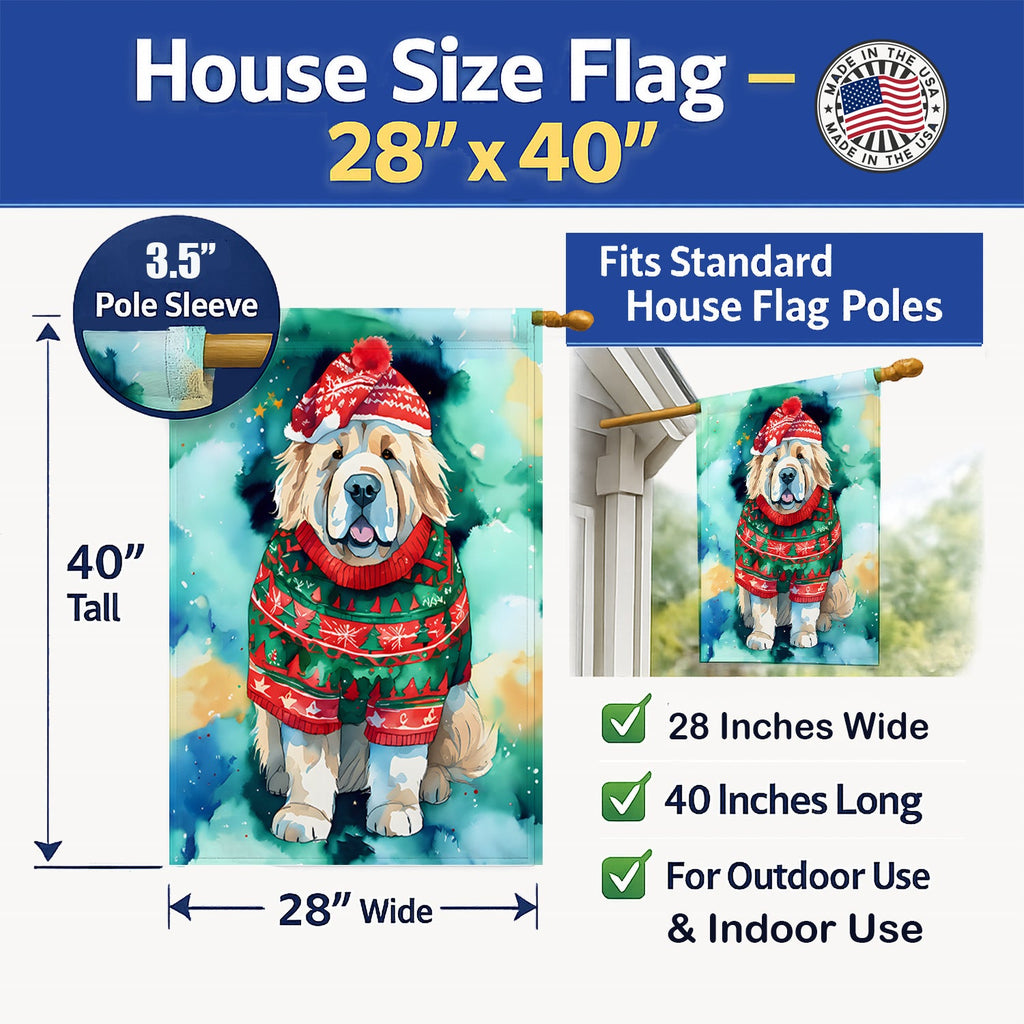 Tibetan Mastiff Christmas House Flag 28x40 Porch Sleeve Pole Decorative Outside Yard Banner Artwork Wall Hanging, Polyester