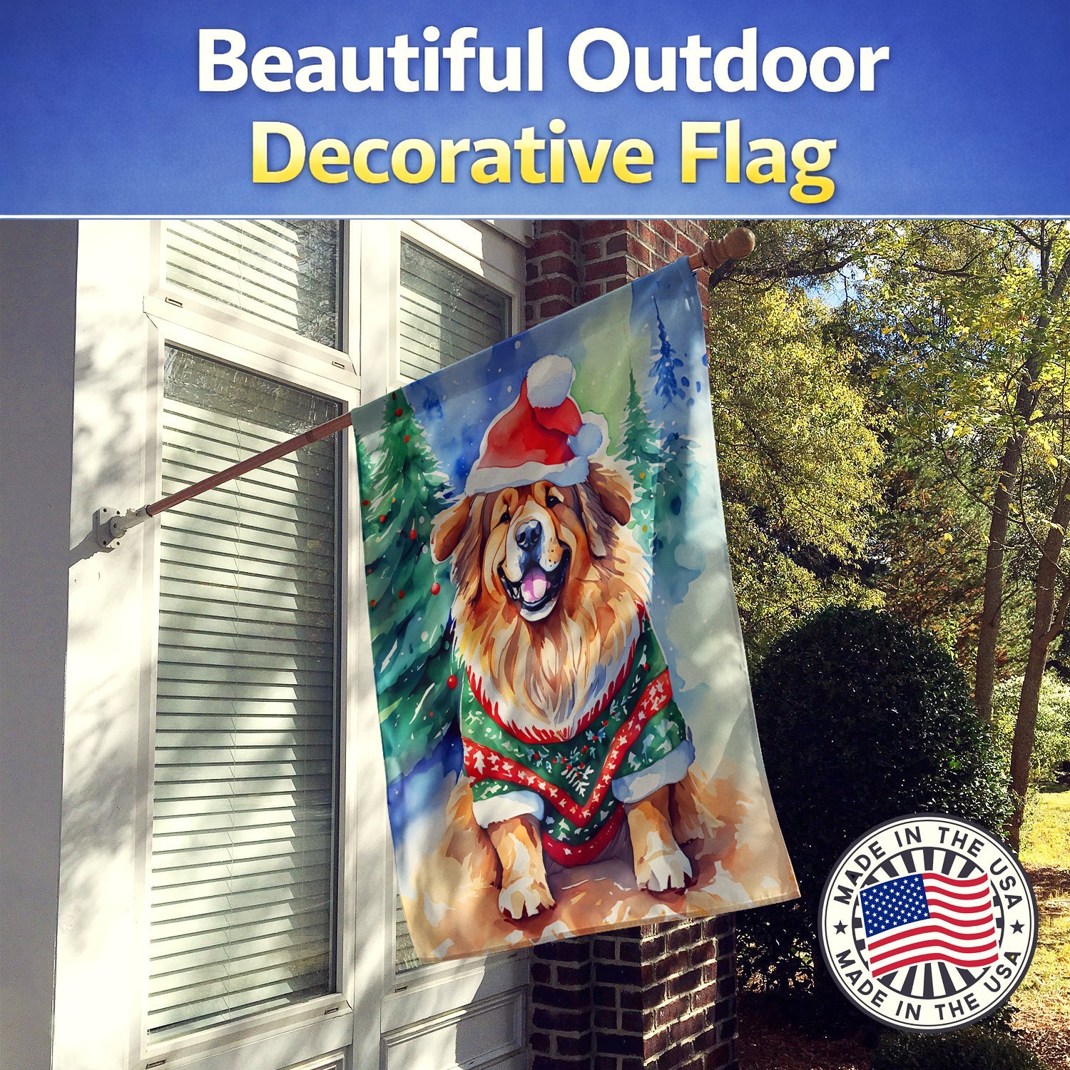 Tibetan Mastiff Christmas House Flag 28x40 Porch Sleeve Pole Decorative Outside Yard Banner Artwork Wall Hanging, Polyester