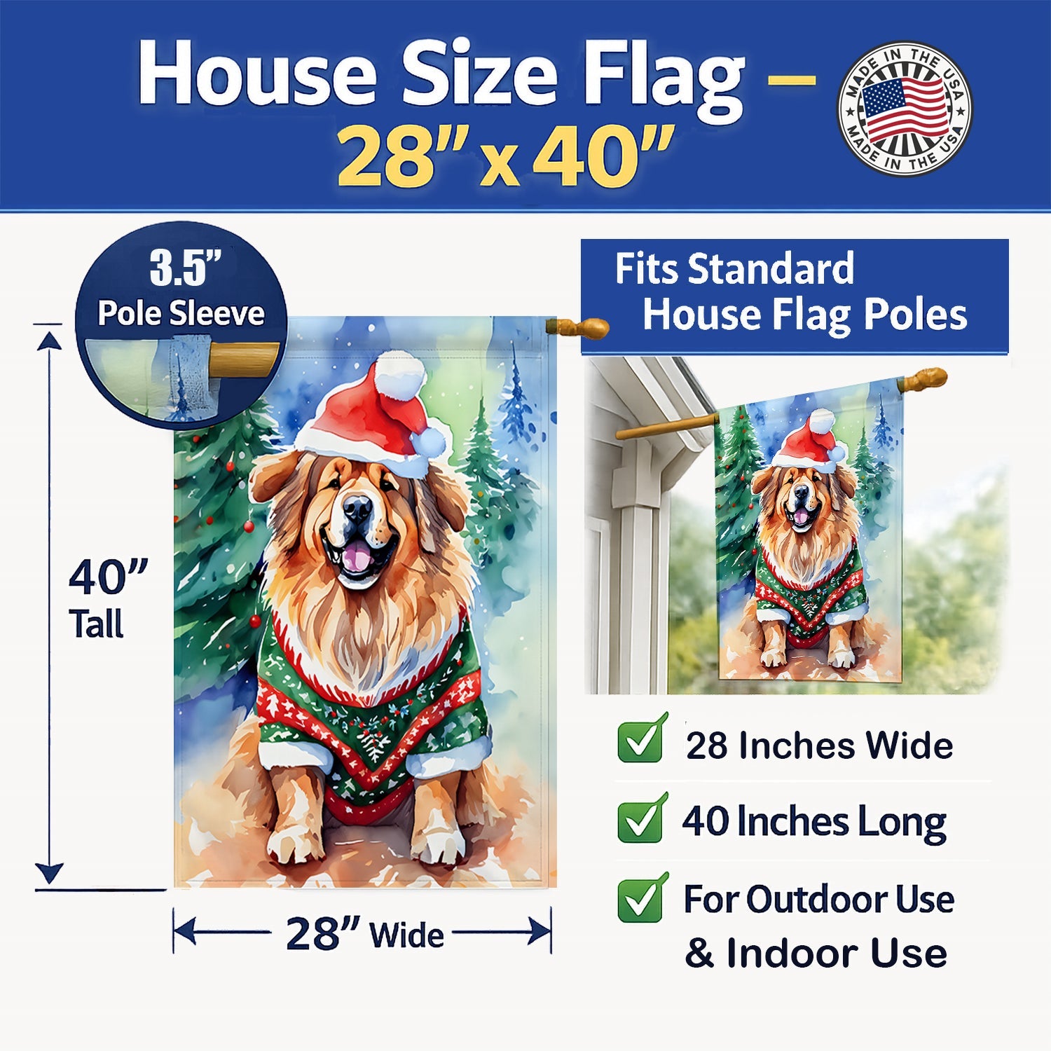 Tibetan Mastiff Christmas House Flag 28x40 Porch Sleeve Pole Decorative Outside Yard Banner Artwork Wall Hanging, Polyester