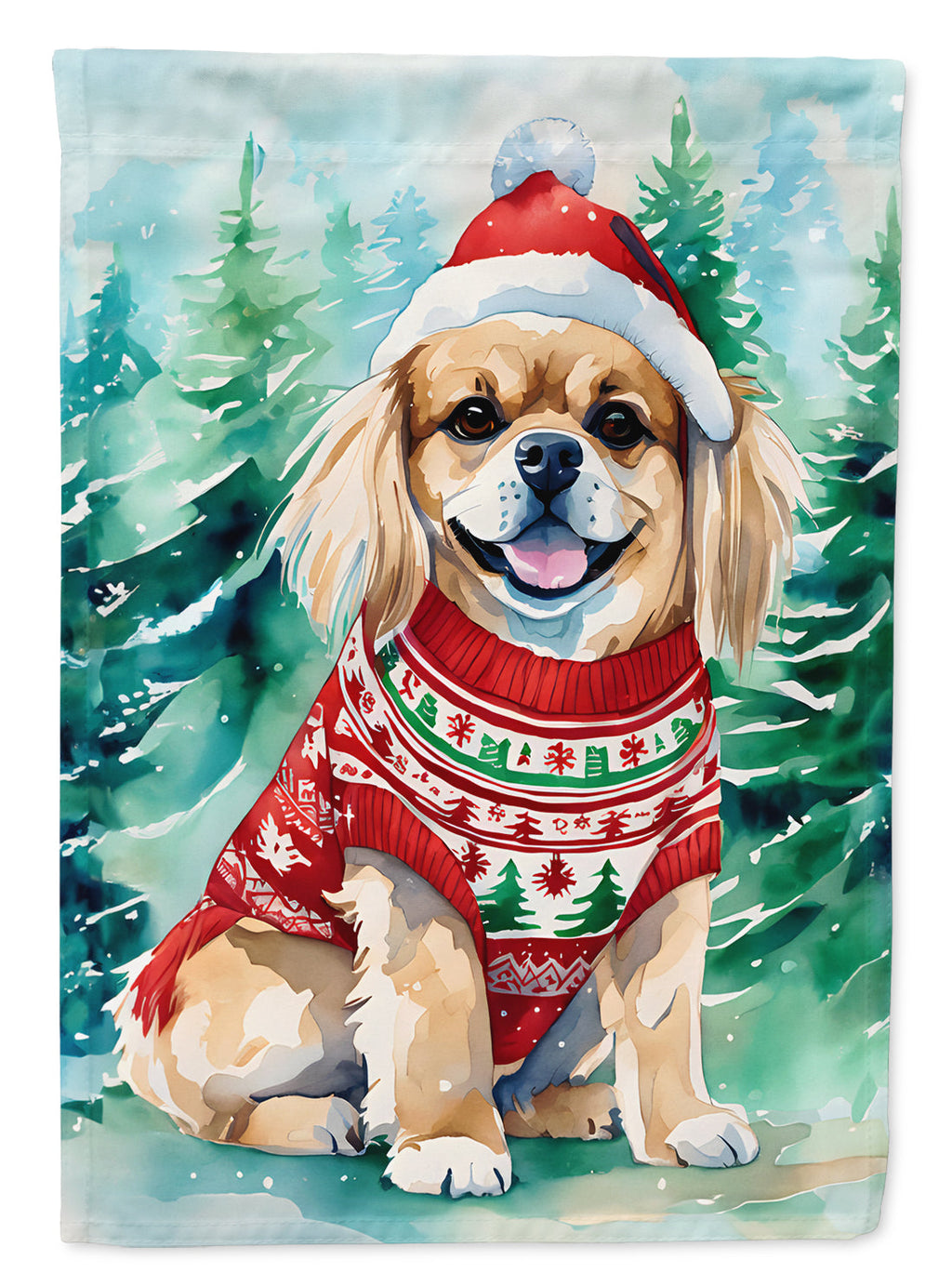 Tibetan Spaniel Christmas House Flag 28x40 Porch Sleeve Pole Decorative Outside Yard Banner Artwork Wall Hanging, Polyester