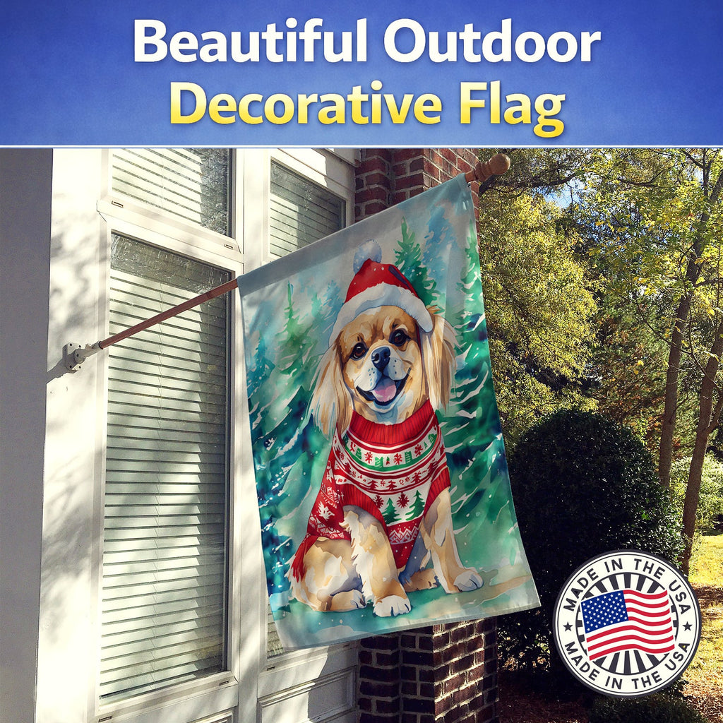 Tibetan Spaniel Christmas House Flag 28x40 Porch Sleeve Pole Decorative Outside Yard Banner Artwork Wall Hanging, Polyester