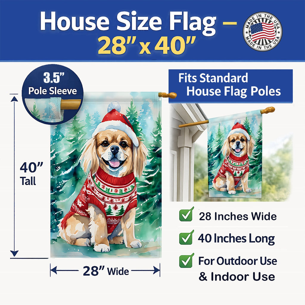 Tibetan Spaniel Christmas House Flag 28x40 Porch Sleeve Pole Decorative Outside Yard Banner Artwork Wall Hanging, Polyester