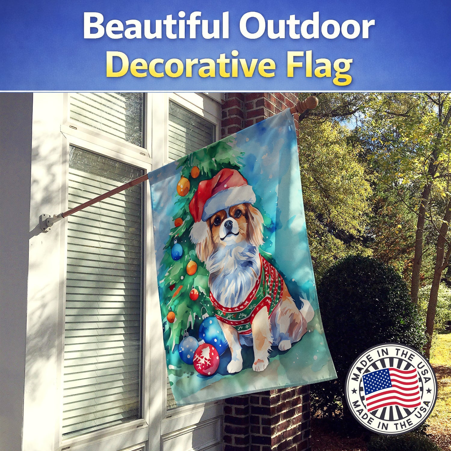 Tibetan Spaniel Christmas House Flag 28x40 Porch Sleeve Pole Decorative Outside Yard Banner Artwork Wall Hanging, Polyester