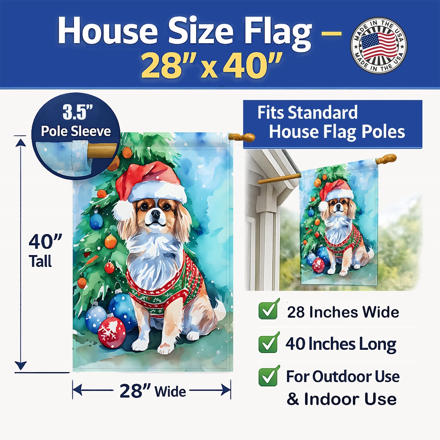 Tibetan Spaniel Christmas House Flag 28x40 Porch Sleeve Pole Decorative Outside Yard Banner Artwork Wall Hanging, Polyester