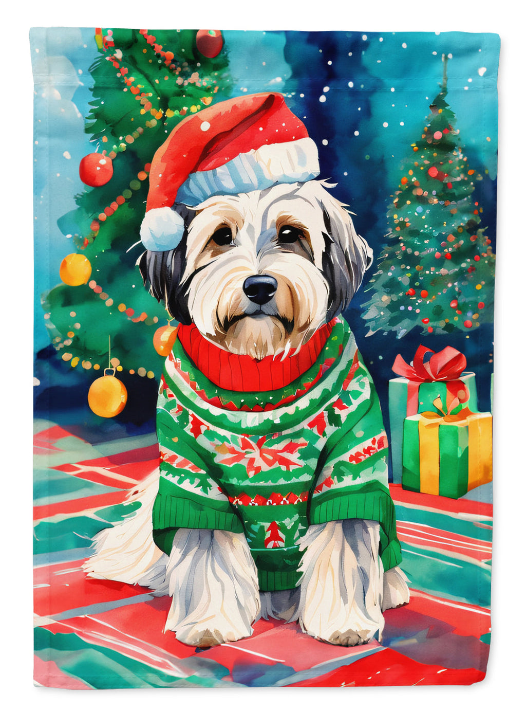 Tibetan Terrier Christmas House Flag 28x40 Porch Sleeve Pole Decorative Outside Yard Banner Artwork Wall Hanging, Polyester