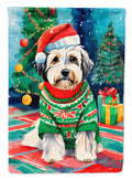 Tibetan Terrier Christmas House Flag 28x40 Porch Sleeve Pole Decorative Outside Yard Banner Artwork Wall Hanging, Polyester