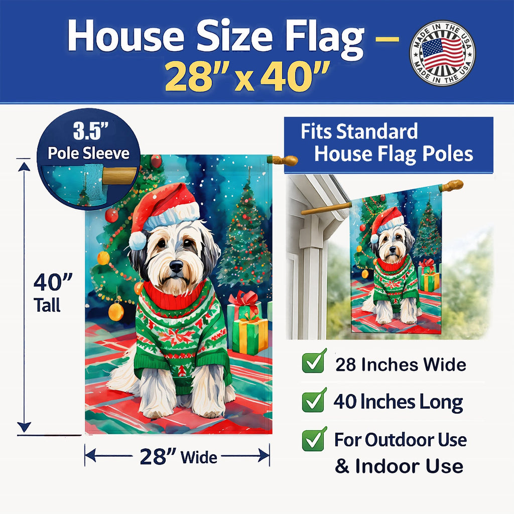Tibetan Terrier Christmas House Flag 28x40 Porch Sleeve Pole Decorative Outside Yard Banner Artwork Wall Hanging, Polyester