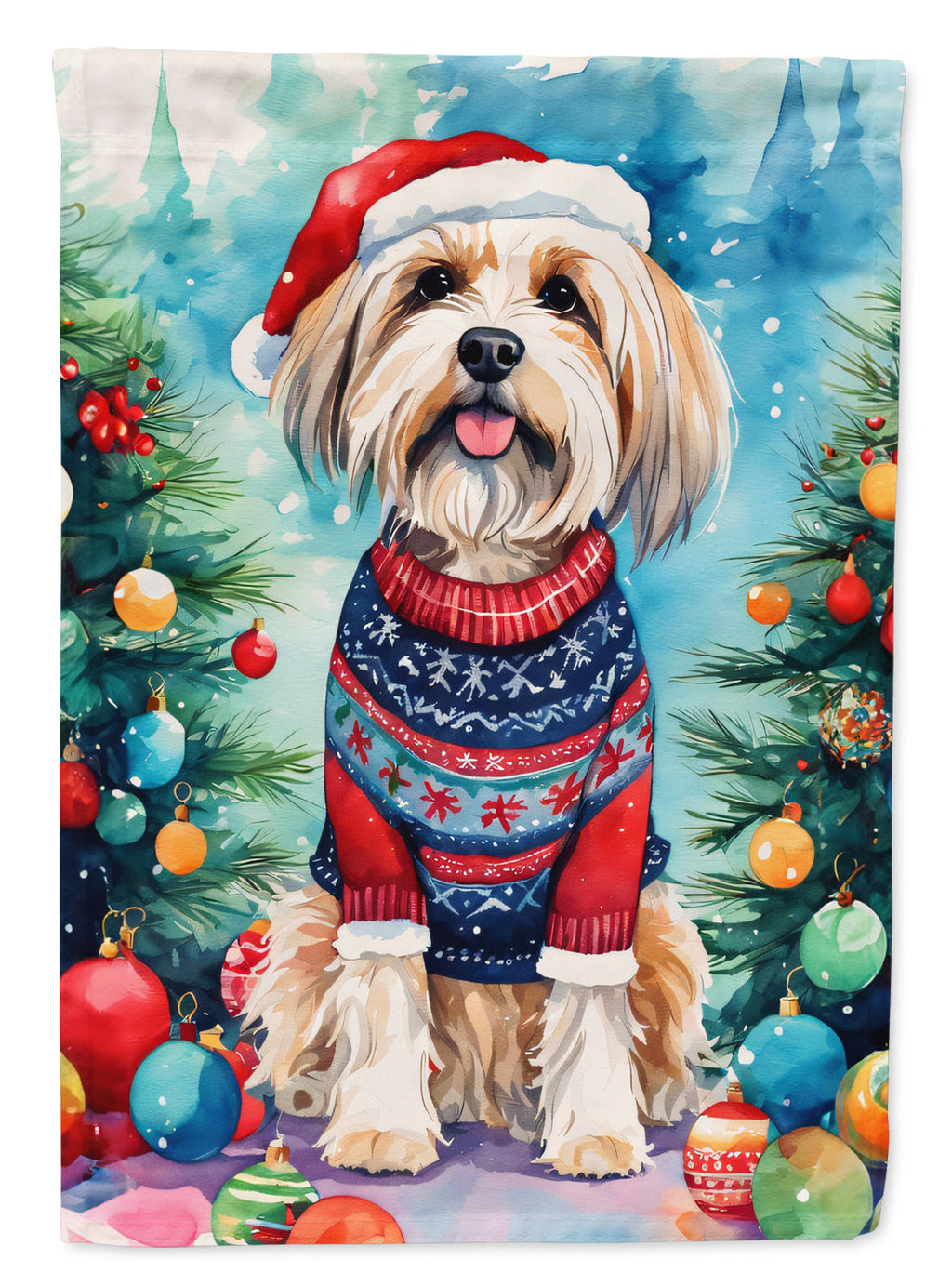 Tibetan Terrier Christmas House Flag 28x40 Porch Sleeve Pole Decorative Outside Yard Banner Artwork Wall Hanging, Polyester