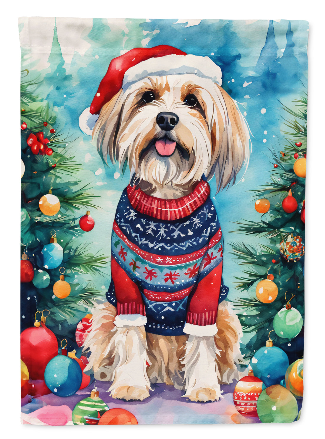 Tibetan Terrier Christmas House Flag 28x40 Porch Sleeve Pole Decorative Outside Yard Banner Artwork Wall Hanging, Polyester