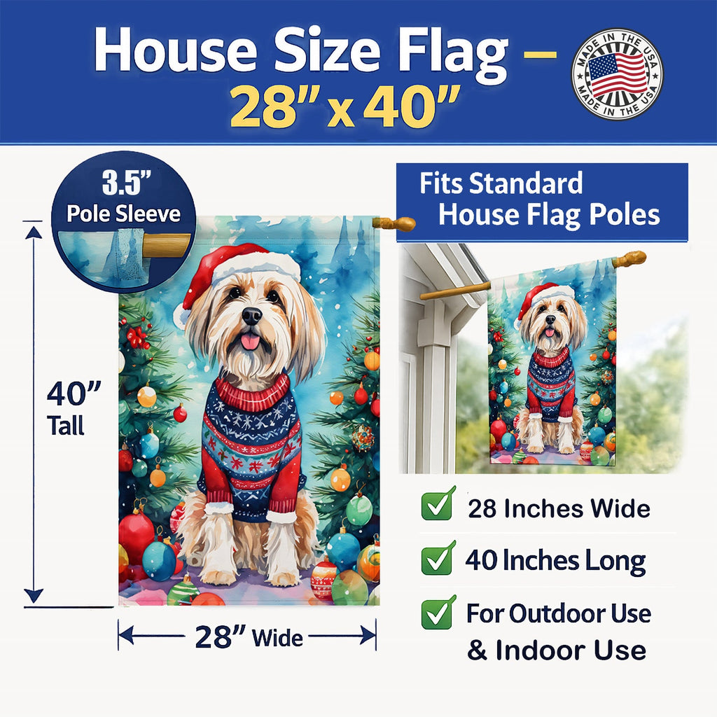 Tibetan Terrier Christmas House Flag 28x40 Porch Sleeve Pole Decorative Outside Yard Banner Artwork Wall Hanging, Polyester