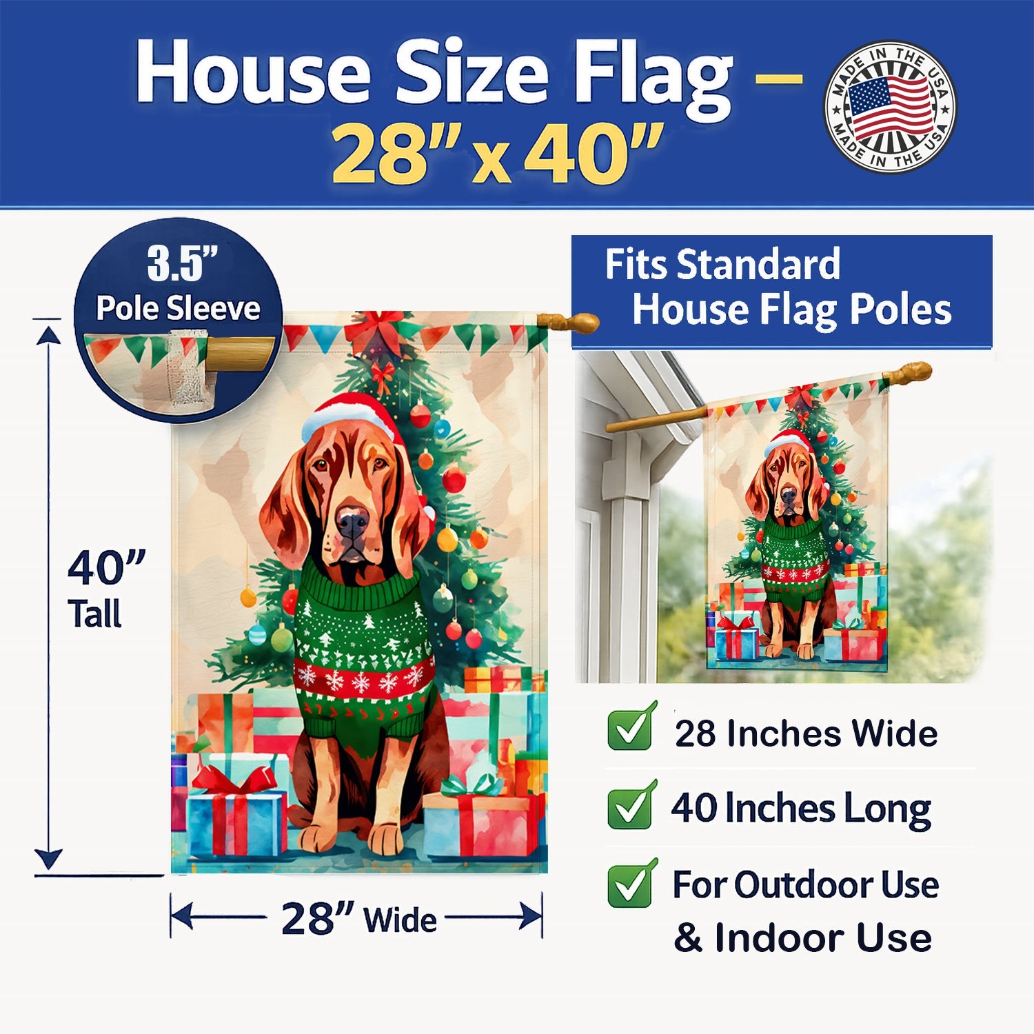 Vizsla Christmas House Flag 28x40 Porch Sleeve Pole Decorative Outside Yard Banner Artwork Wall Hanging, Polyester