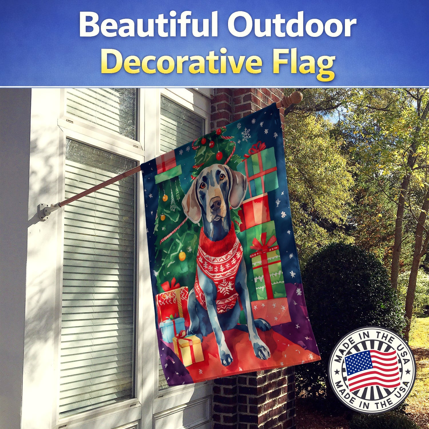 Weimaraner Christmas House Flag 28x40 Porch Sleeve Pole Decorative Outside Yard Banner Artwork Wall Hanging, Polyester