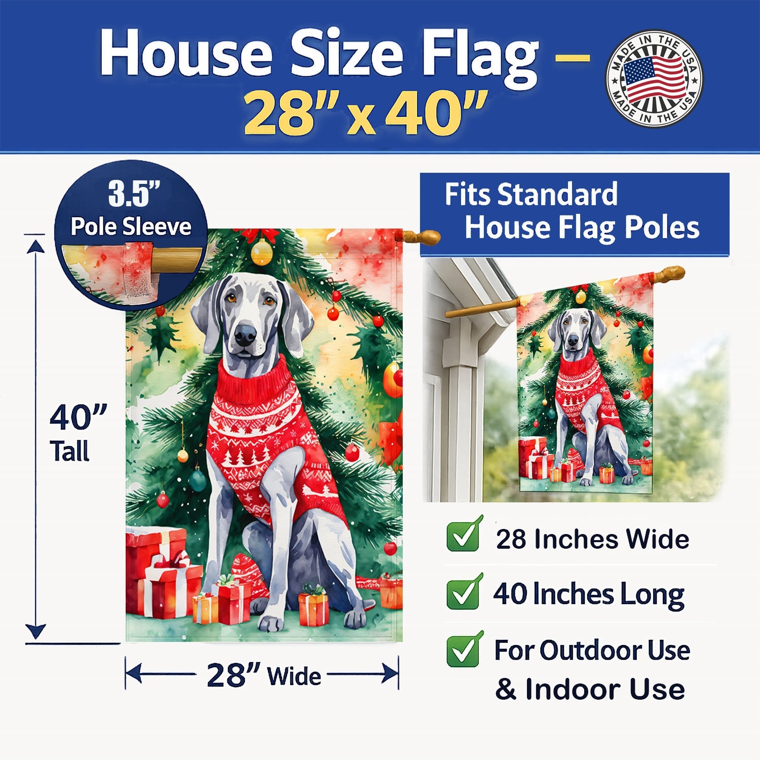 Weimaraner Christmas House Flag 28x40 Porch Sleeve Pole Decorative Outside Yard Banner Artwork Wall Hanging, Polyester