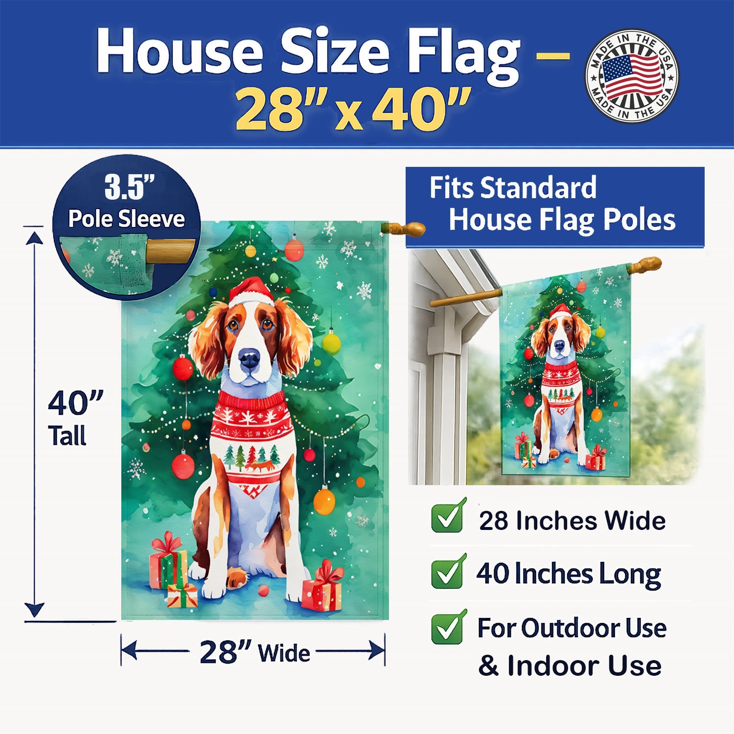 Welsh Springer Spaniel Christmas House Flag 28x40 Porch Sleeve Pole Decorative Outside Yard Banner Artwork Wall Hanging, Polyester