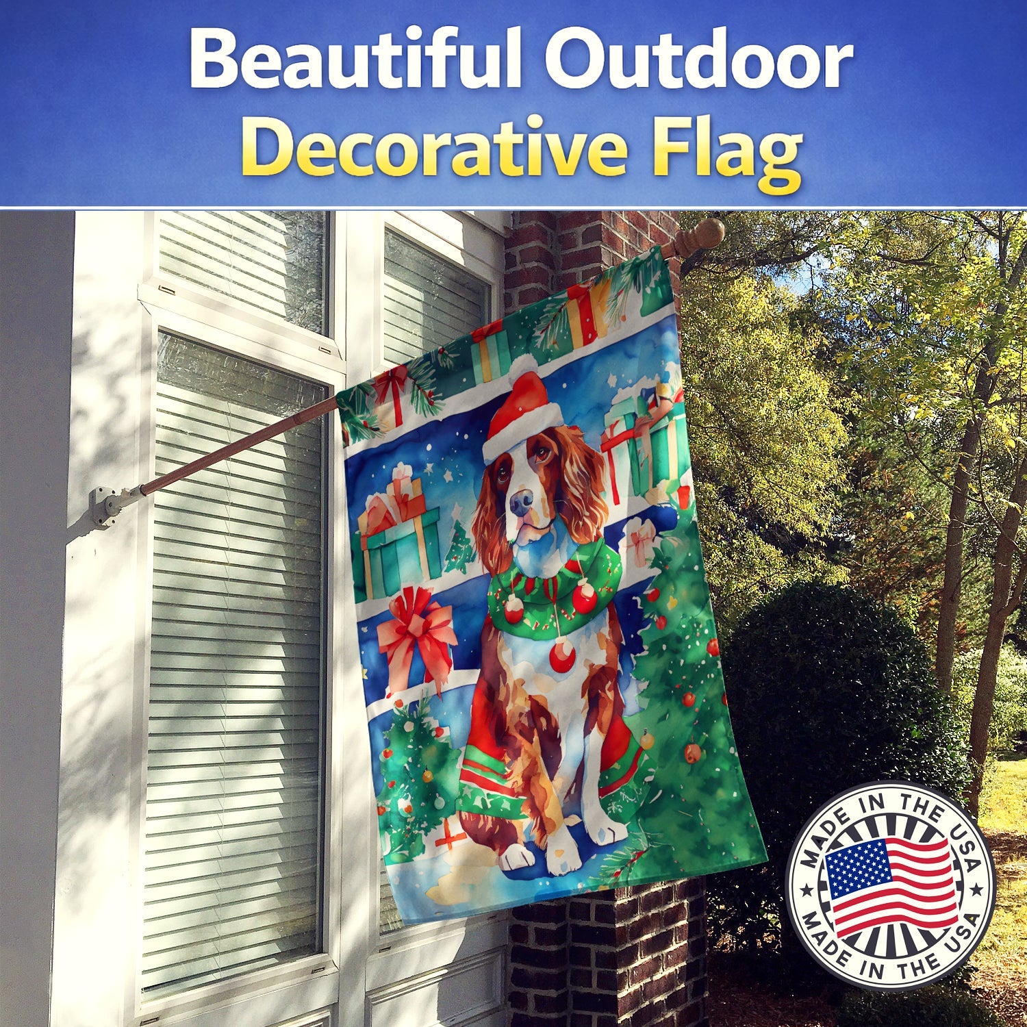 Welsh Springer Spaniel Christmas House Flag 28x40 Porch Sleeve Pole Decorative Outside Yard Banner Artwork Wall Hanging, Polyester