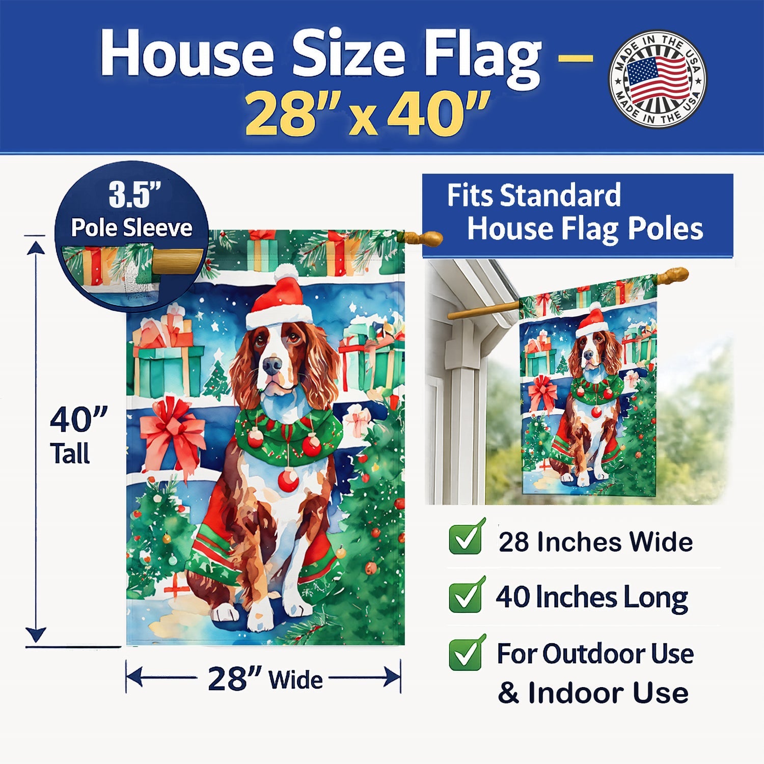 Welsh Springer Spaniel Christmas House Flag 28x40 Porch Sleeve Pole Decorative Outside Yard Banner Artwork Wall Hanging, Polyester