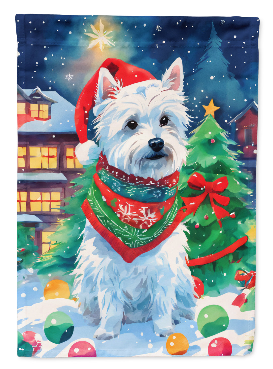 Westie Christmas House Flag 28x40 Porch Sleeve Pole Decorative Outside Yard Banner Artwork Wall Hanging, Polyester