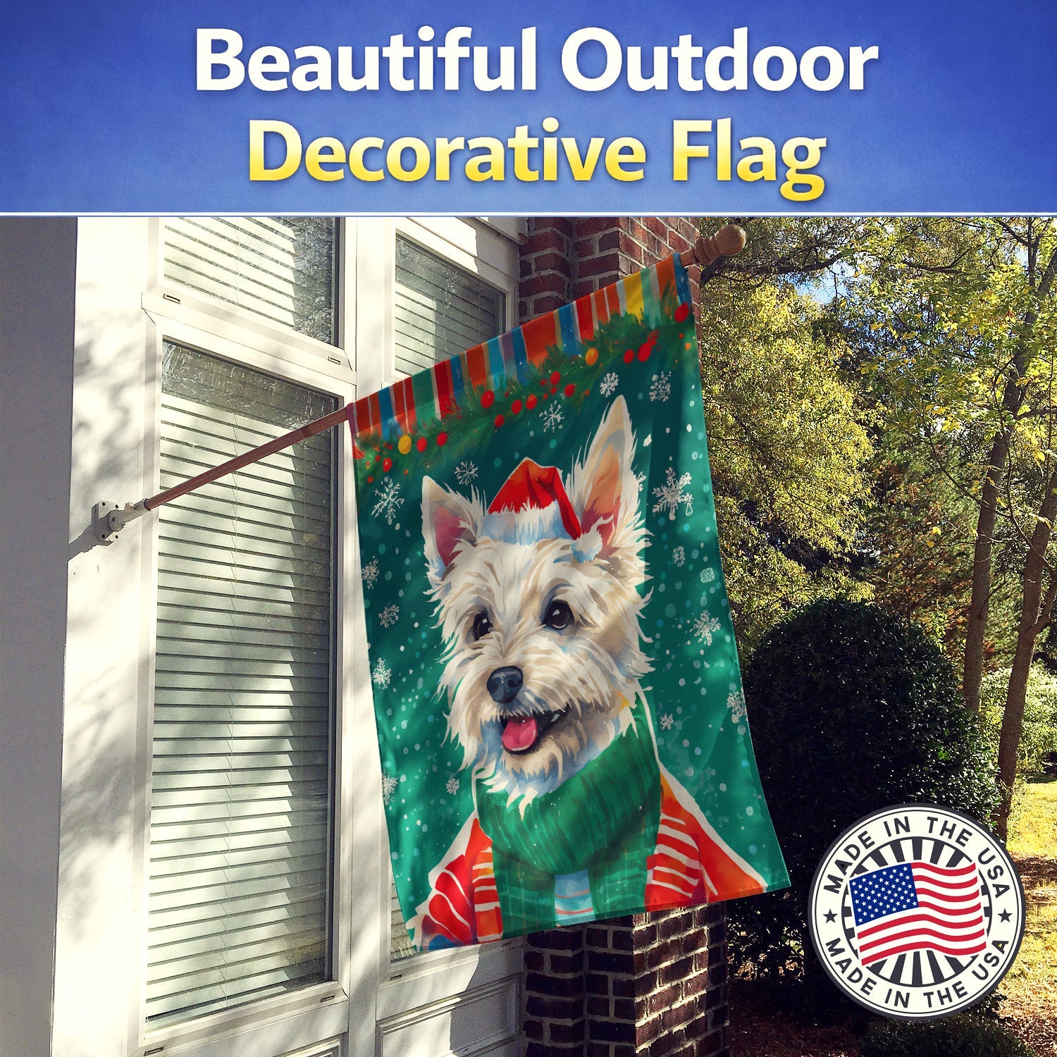 Westie Christmas House Flag 28x40 Porch Sleeve Pole Decorative Outside Yard Banner Artwork Wall Hanging, Polyester