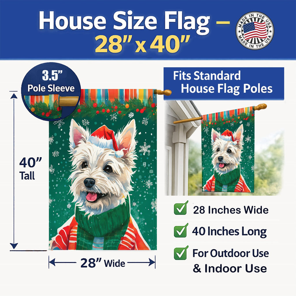 Westie Christmas House Flag 28x40 Porch Sleeve Pole Decorative Outside Yard Banner Artwork Wall Hanging, Polyester