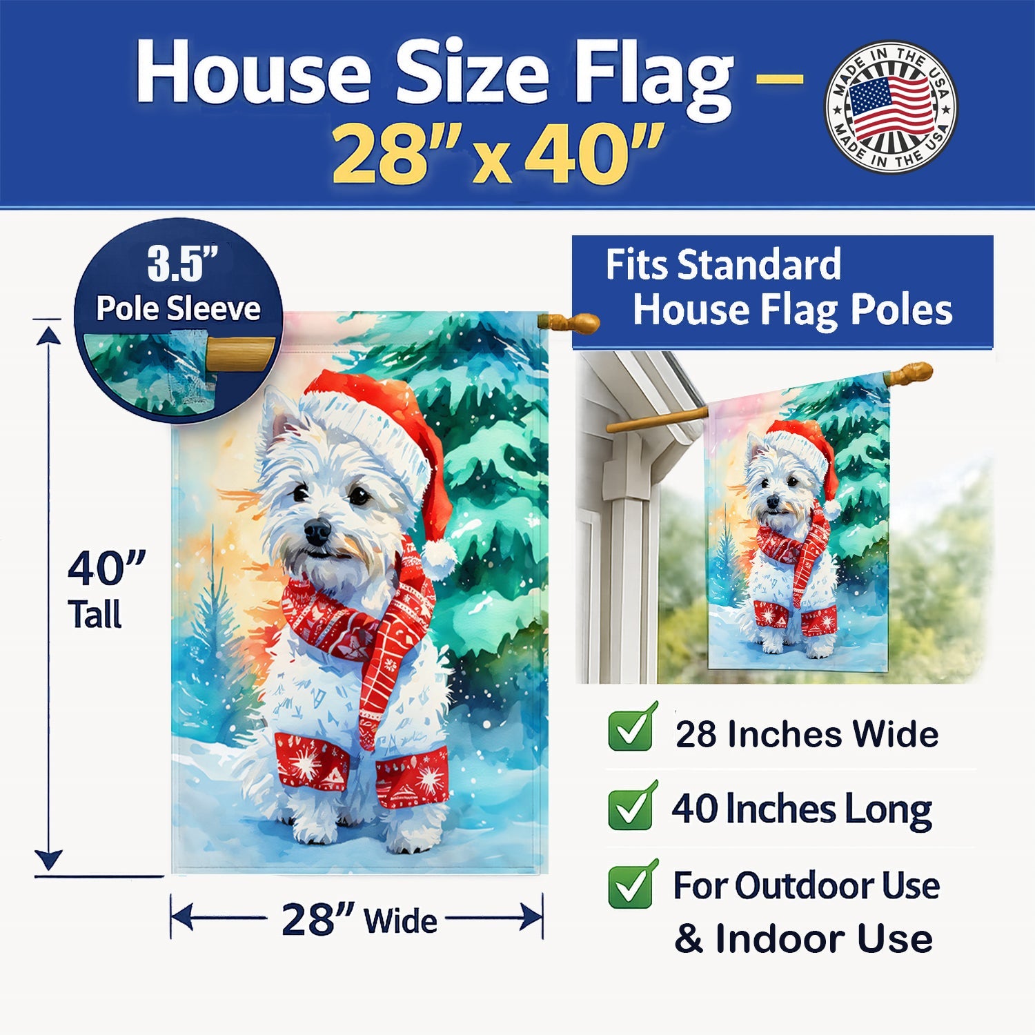 Westie Christmas House Flag 28x40 Porch Sleeve Pole Decorative Outside Yard Banner Artwork Wall Hanging, Polyester