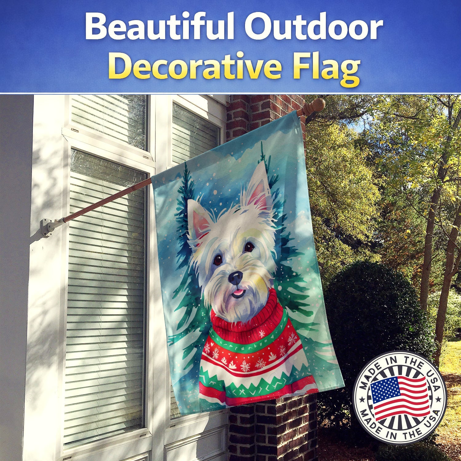 Westie Christmas House Flag 28x40 Porch Sleeve Pole Decorative Outside Yard Banner Artwork Wall Hanging, Polyester