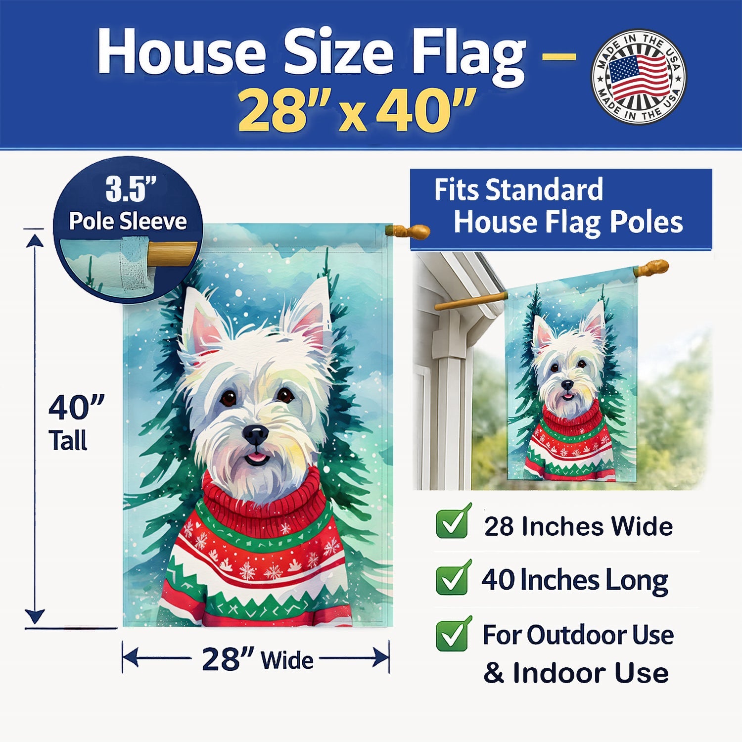 Westie Christmas House Flag 28x40 Porch Sleeve Pole Decorative Outside Yard Banner Artwork Wall Hanging, Polyester